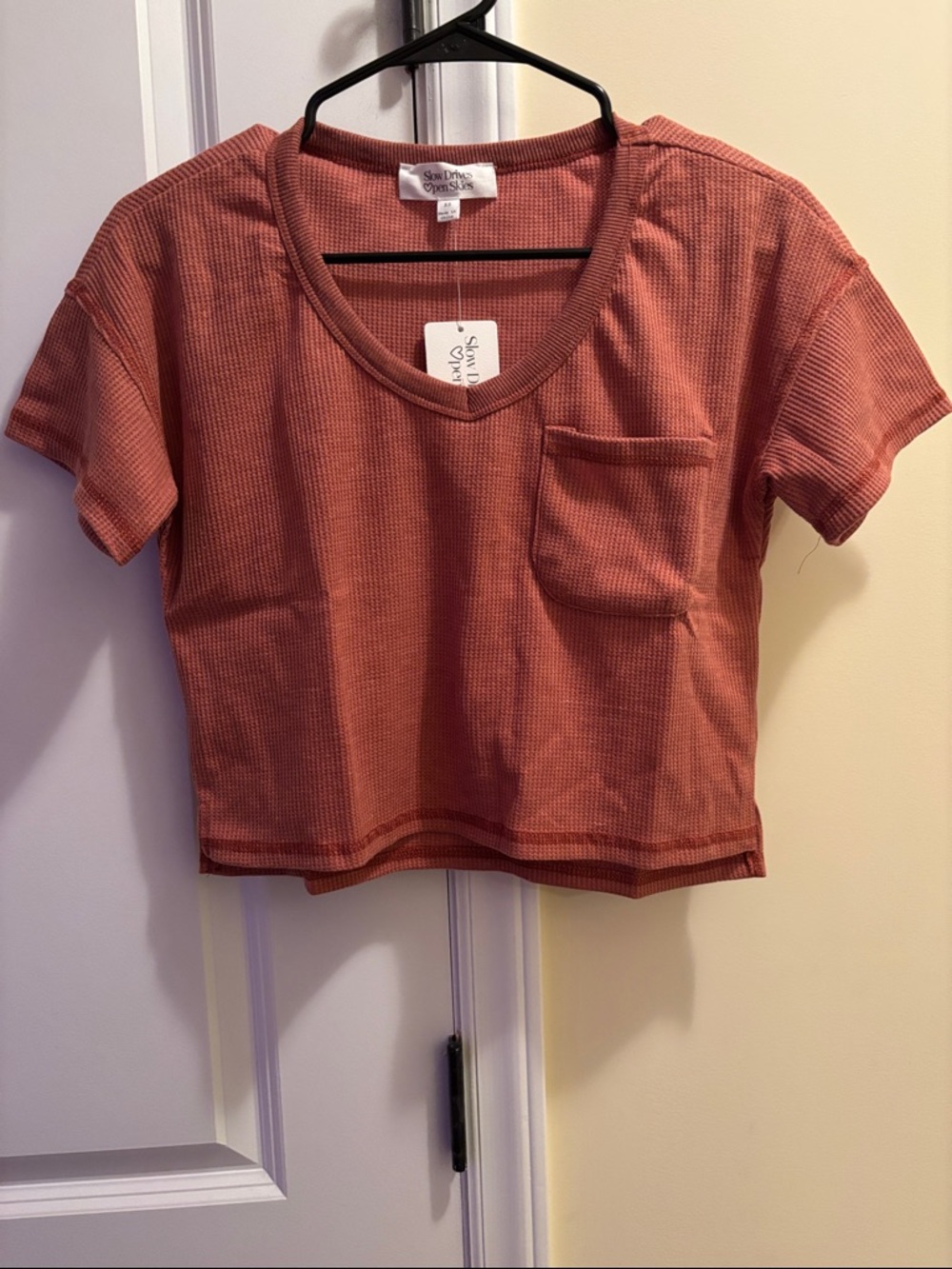 Waffle Knit Pocket Crop Tee - Rust